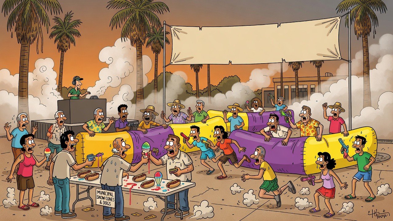 Editorial cartoon: Harlingen Proves All-America Status With Free Hot Dogs, Snow Cones, and Mandatory Laser Tag at Lozano Plaza