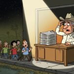 Editorial cartoon: Harlingen Pledges Total Darkness for Dark Sky Designation, Except One Blinding Spotlight on the Application Itself