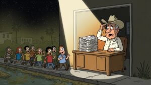 Editorial cartoon: Harlingen Pledges Total Darkness for Dark Sky Designation, Except One Blinding Spotlight on the Application Itself