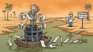 Editorial cartoon: Harlingen Data Center Rules So Airtight Only Legal Site Is a Barge Drifting in the Ship Channel