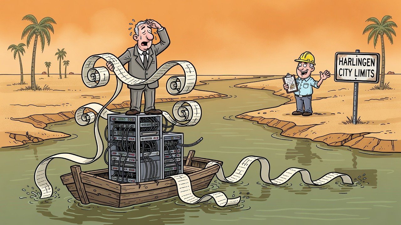 Editorial cartoon: Harlingen Data Center Rules So Airtight Only Legal Site Is a Barge Drifting in the Ship Channel