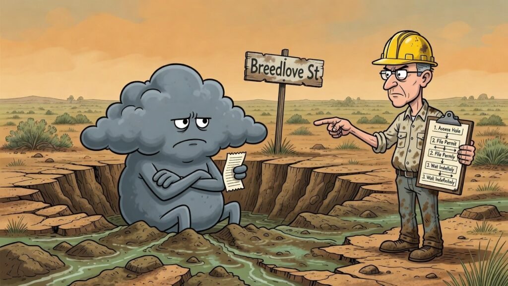 Editorial cartoon: Harlingen Opens 13-Acre Timeout Corner Where Rain Must Sit Until It Calms Down
