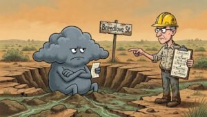 Editorial cartoon: Harlingen Opens 13-Acre Timeout Corner Where Rain Must Sit Until It Calms Down