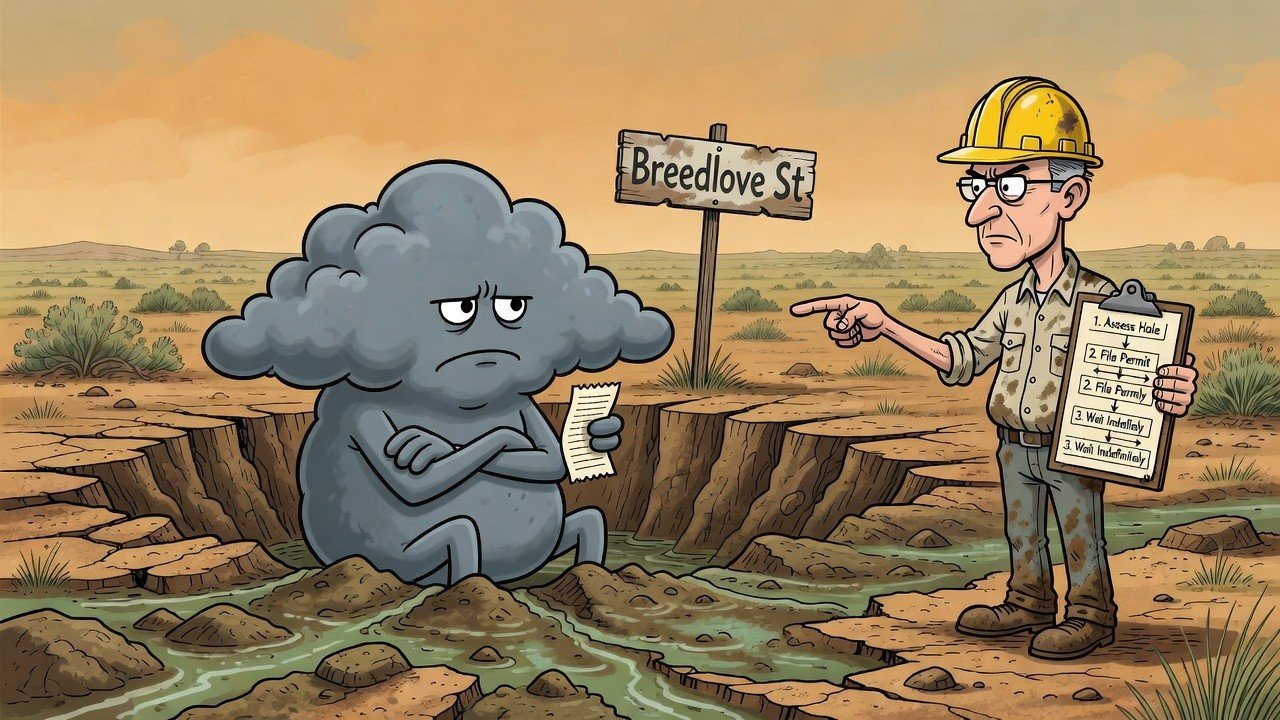 Editorial cartoon: Harlingen Opens 13-Acre Timeout Corner Where Rain Must Sit Until It Calms Down