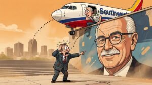 Editorial cartoon: Harlingen Commissioner Warns Painting Over Herb Kelleher Mural Could Cause Southwest Airlines to Forget Where Harlingen Is