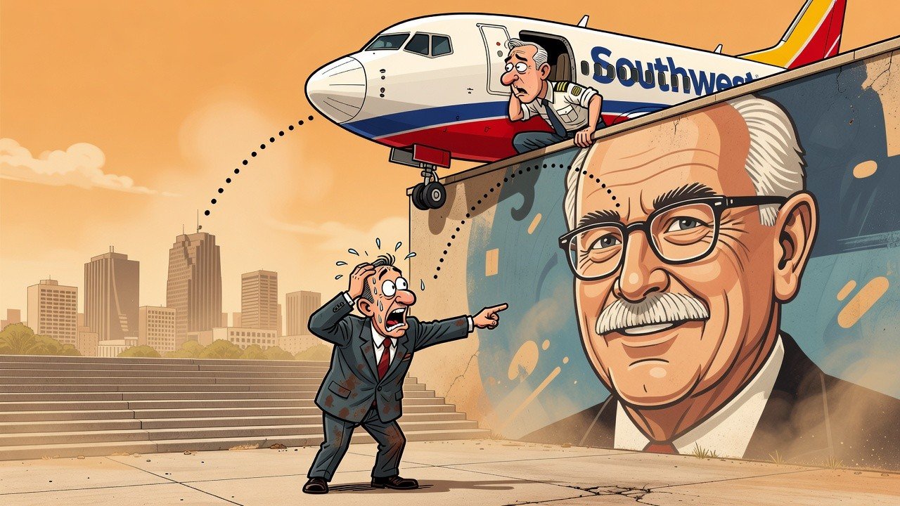 Editorial cartoon: Harlingen Commissioner Warns Painting Over Herb Kelleher Mural Could Cause Southwest Airlines to Forget Where Harlingen Is