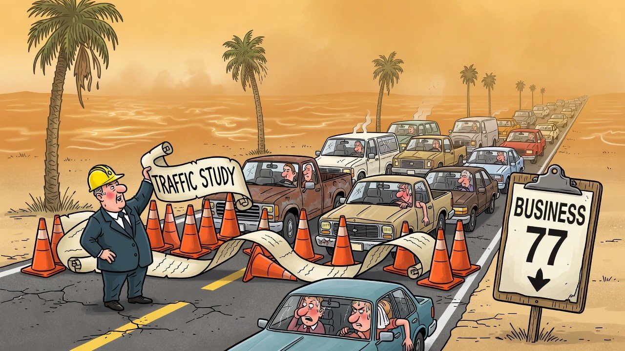 Editorial cartoon: Harlingen Solves Traffic By Commissioning Study Of Study That Will Study Traffic