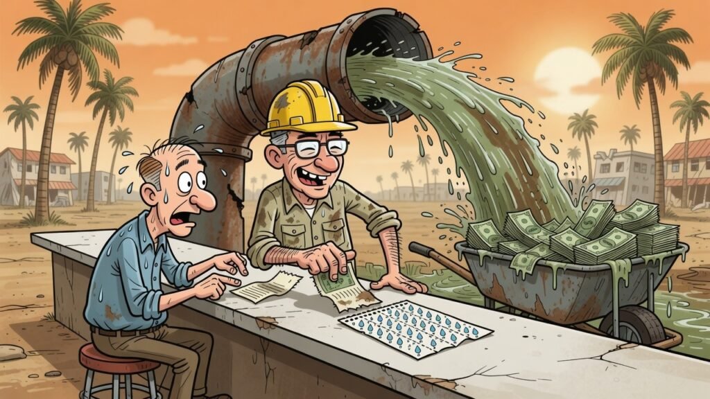 Editorial cartoon: Harlingen WaterWorks Announces It Will Now Charge Residents for Being Behind, Which Is Why It Was Behind