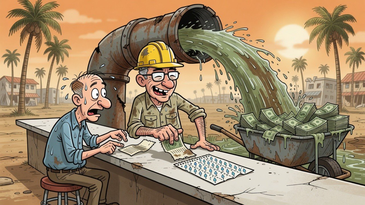 Editorial cartoon: Harlingen WaterWorks Announces It Will Now Charge Residents for Being Behind, Which Is Why It Was Behind