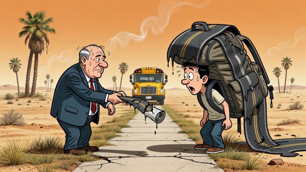 Editorial cartoon: La Joya ISD Solves Driver Shortage By Deeding Last Half-Mile of Every Bus Route to Students