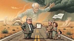 Editorial cartoon: Los Fresnos Announces Residents May Keep Living on Highway 100 Forever, Provided Nothing Ever Happens to the House