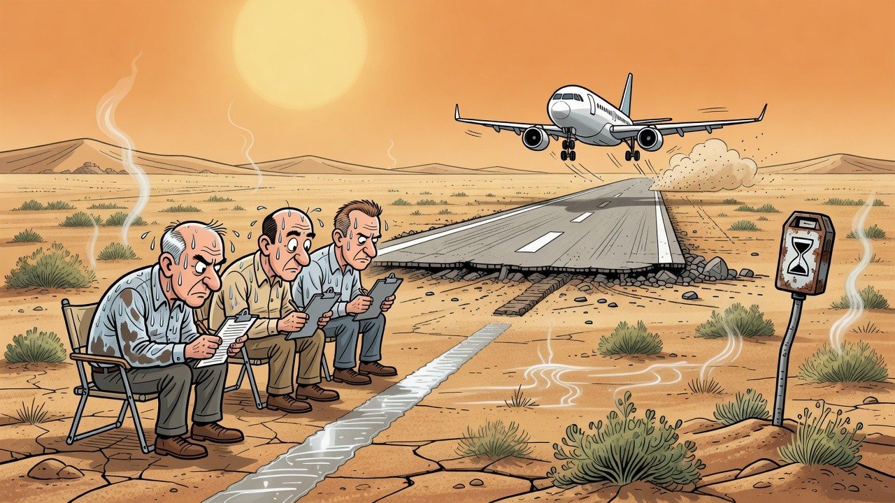 Editorial cartoon: McAllen Airport Runway 985 Days Late, City Now Paying Consultants $1 Million to Watch Paint Dry