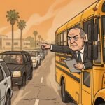 Editorial cartoon: McAllen Superintendent Rides Childhood Bus, Issues 14 Verbal School-Zone Patience Citations Before 8 A.M.