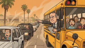Editorial cartoon: McAllen Superintendent Rides Childhood Bus, Issues 14 Verbal School-Zone Patience Citations Before 8 A.M.