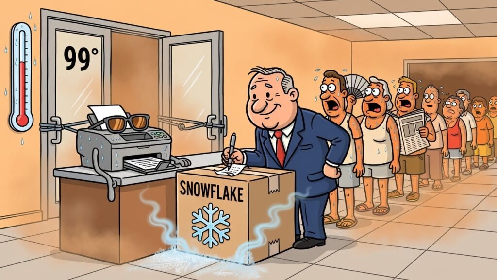 Editorial cartoon: SPI Post Office Treats Cold Air Like Certified Mail That Finally Arrives in August
