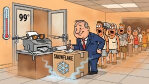 Editorial cartoon: SPI Post Office Treats Cold Air Like Certified Mail That Finally Arrives in August