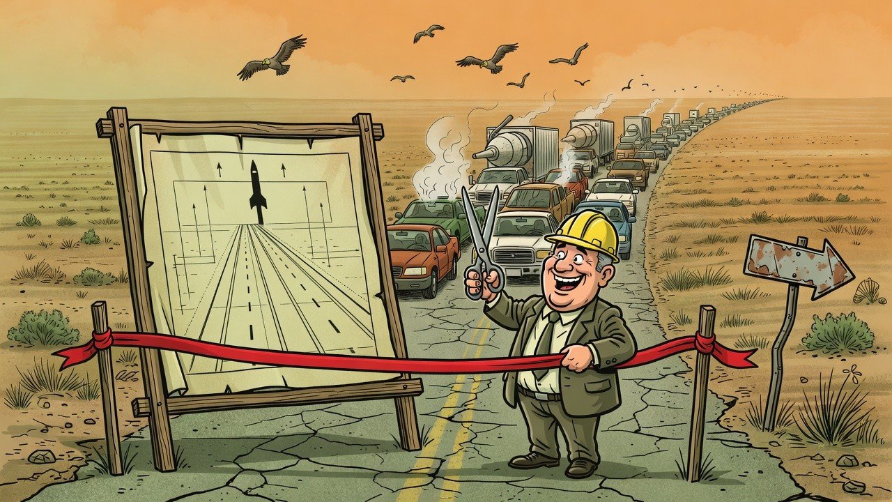 Editorial cartoon: State Cheerfully Announces $192 Million Road to Starbase Will Be Ready Once Everyone Has Already Died on the Two-Lane One