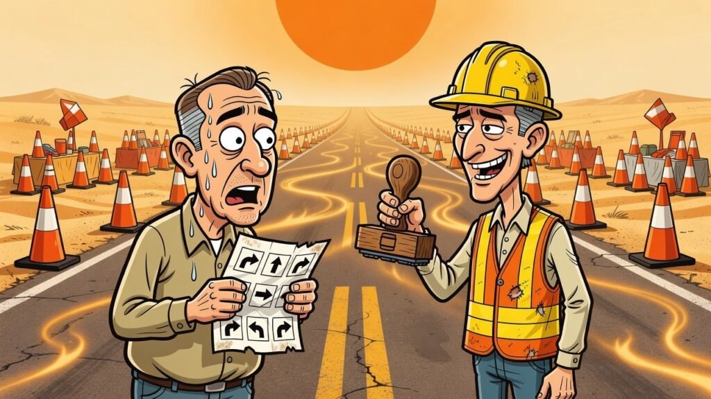 Editorial cartoon: TxDOT Launches Hot Mix Tour, Requires Brownsville Drivers to Collect All Six Detours on International Blvd