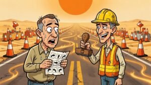 Editorial cartoon: TxDOT Launches Hot Mix Tour, Requires Brownsville Drivers to Collect All Six Detours on International Blvd