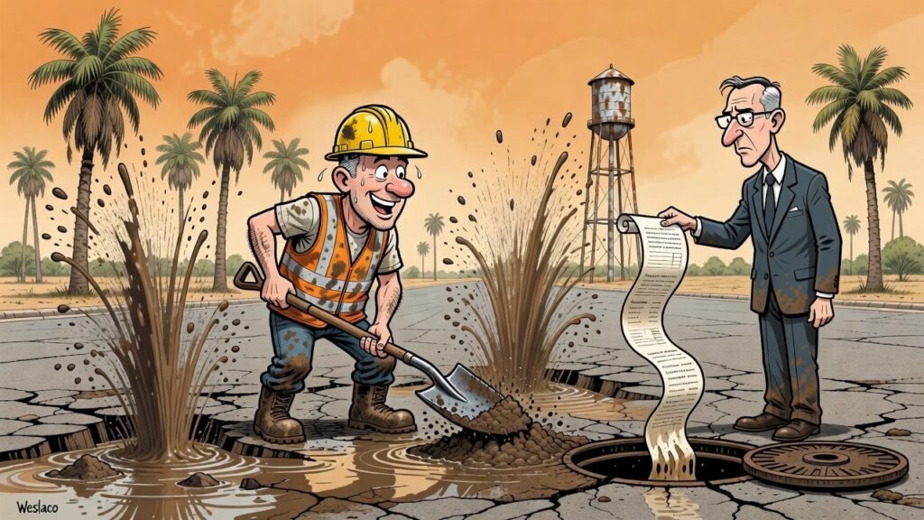 Editorial cartoon: Weslaco Sends Itemized Bill to Fiber Crew After Third Accidental Geyser of the Day