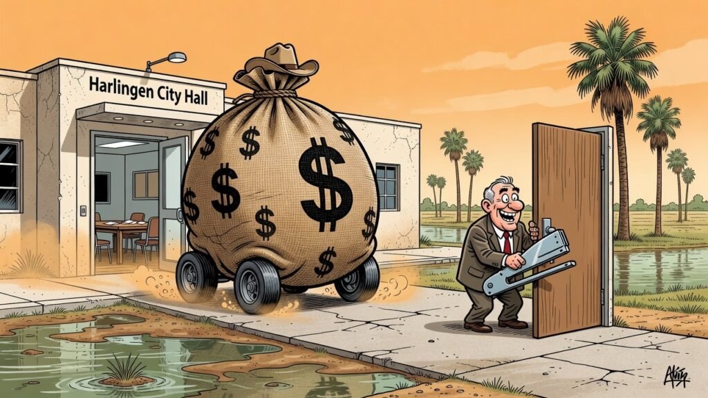 Editorial cartoon: $27 Million Visits Harlingen, Enjoys a Nice Table, Continues on to Cameron County