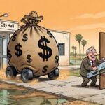 Editorial cartoon: $27 Million Visits Harlingen, Enjoys a Nice Table, Continues on to Cameron County