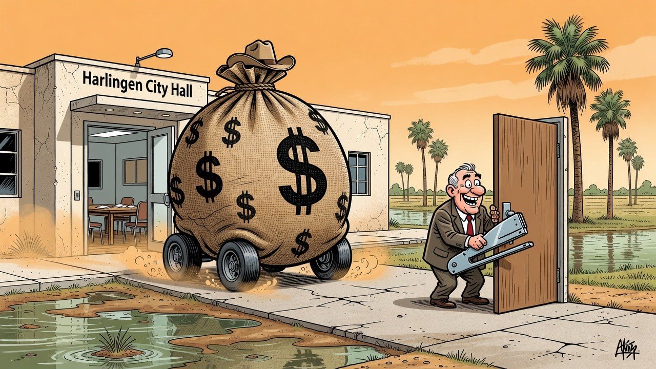 Editorial cartoon: $27 Million Visits Harlingen, Enjoys a Nice Table, Continues on to Cameron County
