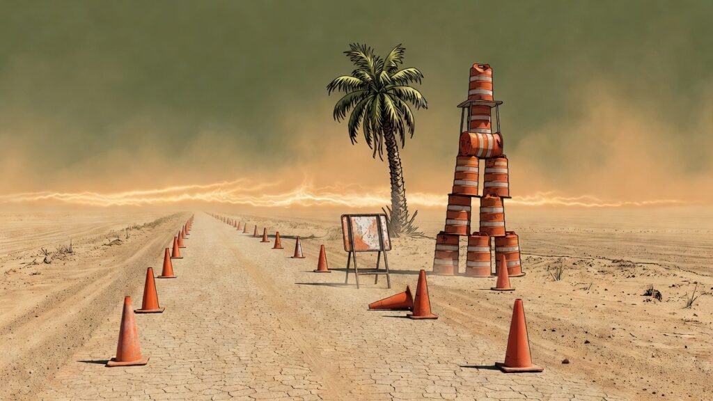 Editorial cartoon: Brownsville Closes Detour So the Interstate Can Close Too, Officials Call It 'Synchronized Suffering'