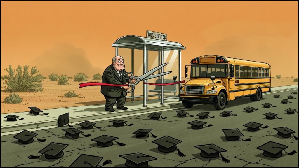Editorial cartoon: Brownsville Unveils Bold Three-Seat Shelter Plan for Hanna High Students Who Will Have Graduated By Then