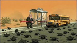 Editorial cartoon: Brownsville Unveils Bold Three-Seat Shelter Plan for Hanna High Students Who Will Have Graduated By Then