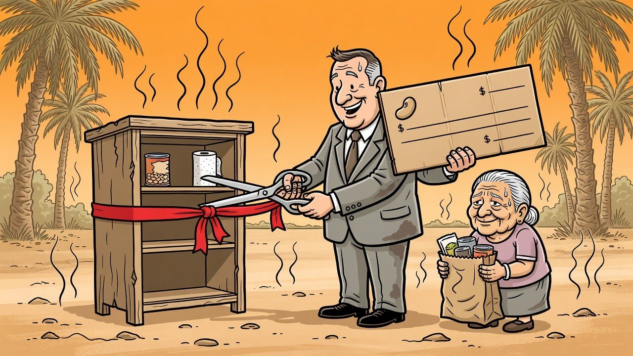 Editorial cartoon: Brownsville Officials Announce Two Park Cabinets Technically Count as City's Largest 24-Hour Grocery Chain