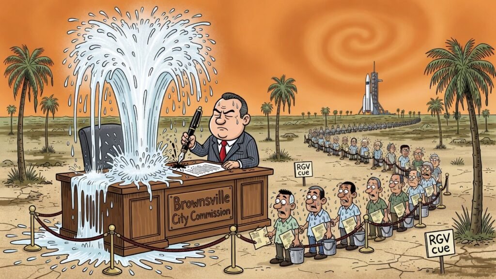 Editorial cartoon: Brownsville Discovers Water Flows Faster When You Write 'SpaceX' on the Permit