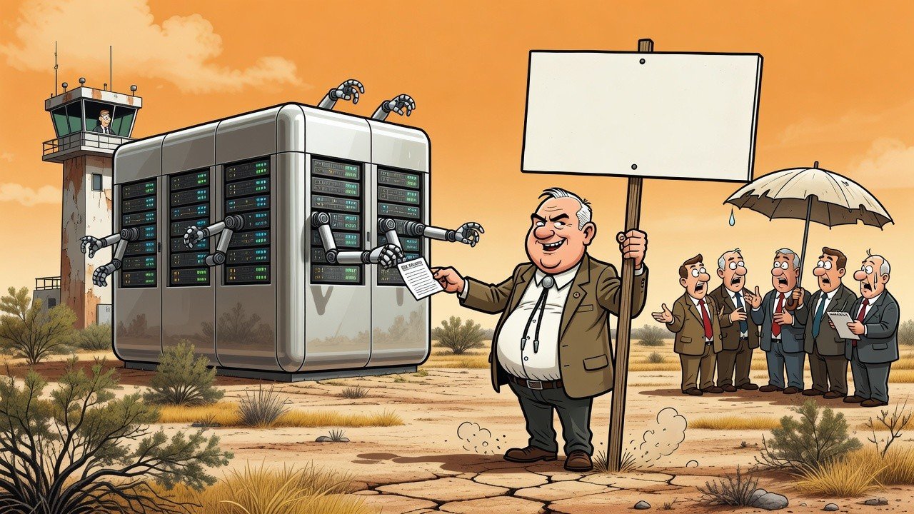 Editorial cartoon: Cameron County Proudly Issues Fluidstack Permit, Announces It Will Not Be Paying For Anything Else Ever