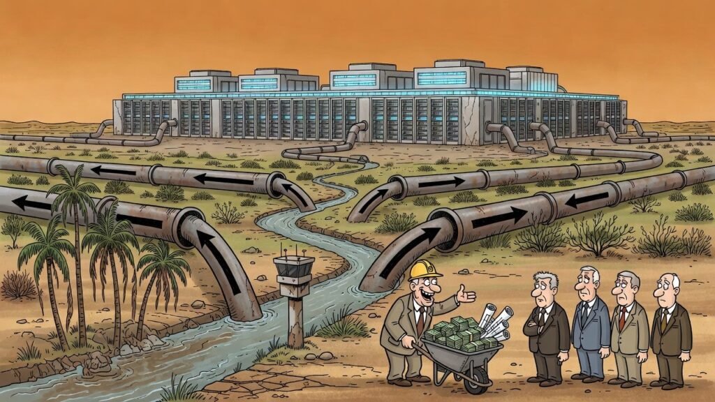Editorial cartoon: Fluidstack Promises Harlingen the Rain From Its 1,800 Acres of Thinking Machines Will Be, Like, Fine