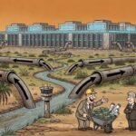 Editorial cartoon: Fluidstack Promises Harlingen the Rain From Its 1,800 Acres of Thinking Machines Will Be, Like, Fine