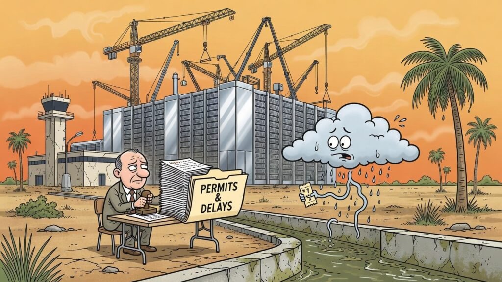 Editorial cartoon: Fluidstack Breaks Ground on $4 Billion Data Center While Harlingen Commissioners Table Motion on Whether Rain Is Wet