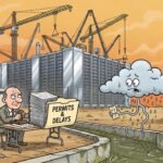 Editorial cartoon: Fluidstack Breaks Ground on $4 Billion Data Center While Harlingen Commissioners Table Motion on Whether Rain Is Wet
