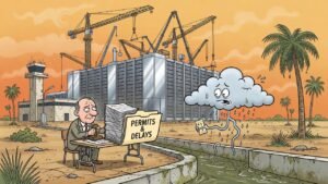 Editorial cartoon: Fluidstack Breaks Ground on $4 Billion Data Center While Harlingen Commissioners Table Motion on Whether Rain Is Wet