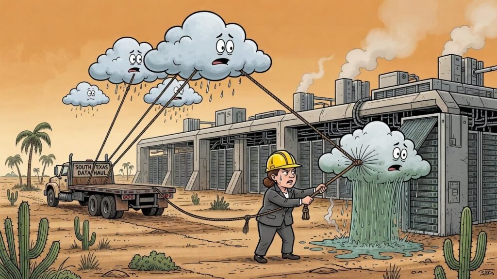 Editorial cartoon: Fluidstack Data Center Promises It Will Only Drink Cloud Water It Imports Itself