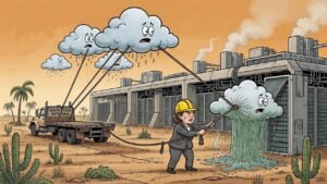 Editorial cartoon: Fluidstack Data Center Promises It Will Only Drink Cloud Water It Imports Itself