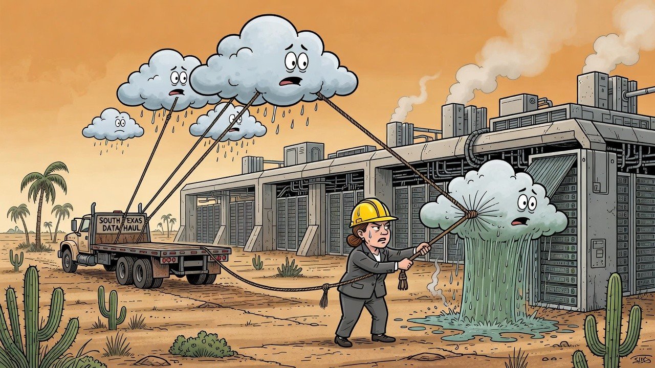 Editorial cartoon: Fluidstack Data Center Promises It Will Only Drink Cloud Water It Imports Itself