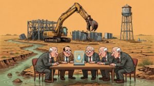 Editorial cartoon: Fluidstack Breaks Ground on $4 Billion Data Center While Harlingen Commission Enters Hour Three of Defining 'Rain'
