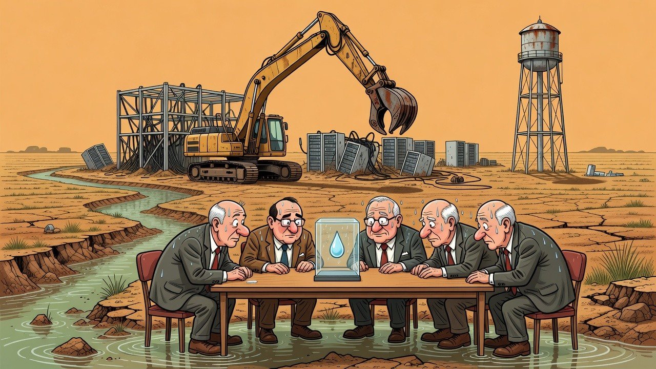 Editorial cartoon: Fluidstack Breaks Ground on $4 Billion Data Center While Harlingen Commission Enters Hour Three of Defining 'Rain'