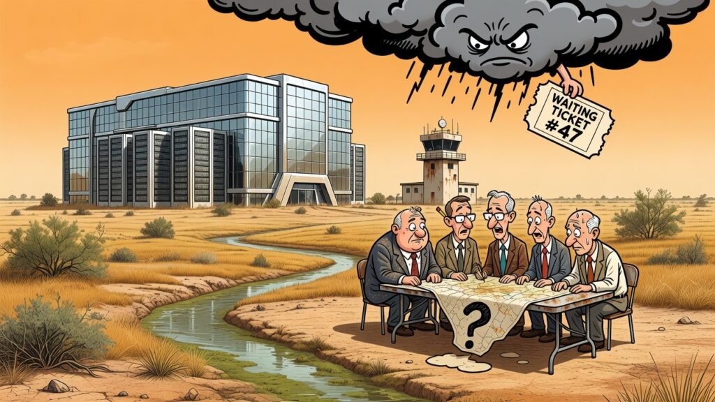Editorial cartoon: Fluidstack Breaks Ground on $4B Data Center While Harlingen Still Deciding Which Direction Water Legally Flows