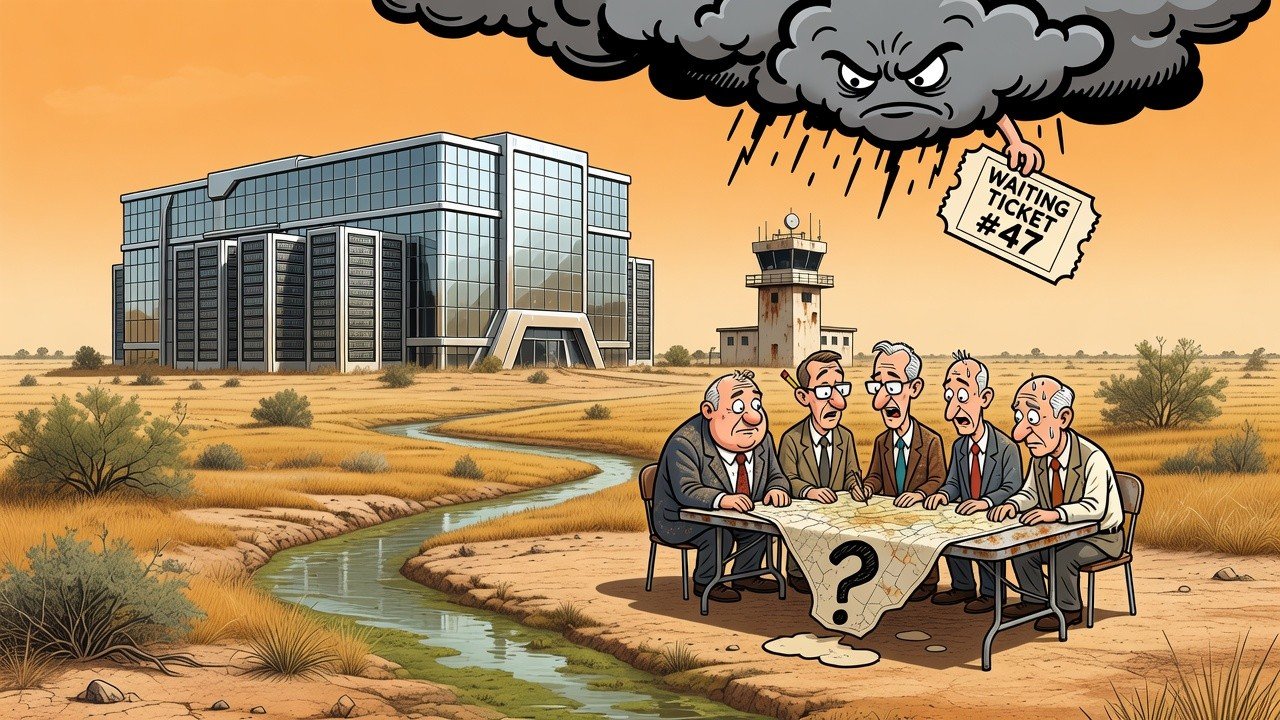 Editorial cartoon: Fluidstack Breaks Ground on $4B Data Center While Harlingen Still Deciding Which Direction Water Legally Flows