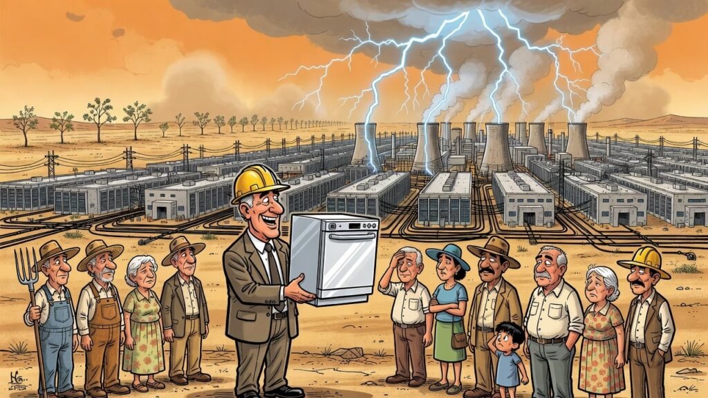 Editorial cartoon: Fluidstack Assures Rio Hondo That 7.35 Gigawatts of Data Center Will Sound Exactly Like One (1) Dishwasher