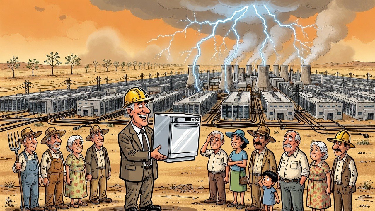Editorial cartoon: Fluidstack Assures Rio Hondo That 7.35 Gigawatts of Data Center Will Sound Exactly Like One (1) Dishwasher