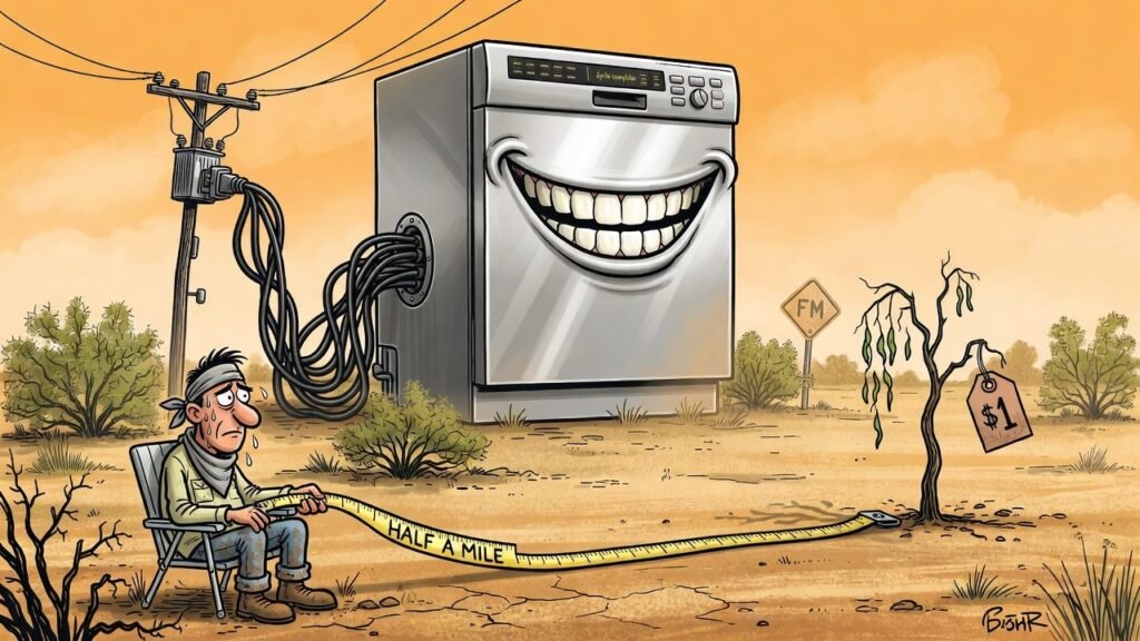 Editorial cartoon: Fluidstack Reserves 1.5 Gigawatts Near Rio Hondo, Assures Residents It Will Only Sound Like the Dishwasher