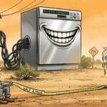Editorial cartoon: Fluidstack Reserves 1.5 Gigawatts Near Rio Hondo, Assures Residents It Will Only Sound Like the Dishwasher