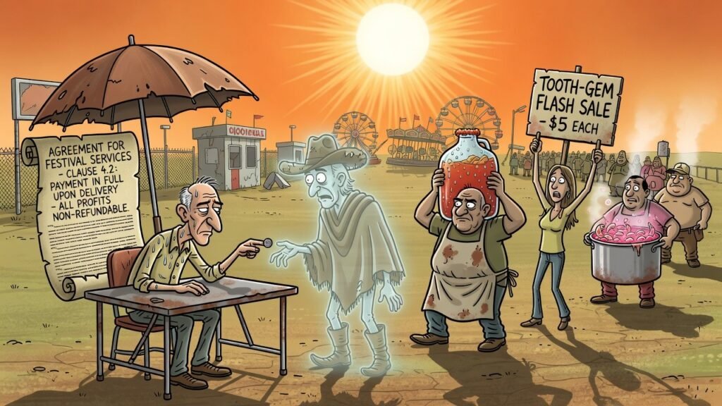 Editorial cartoon: Frontera Fest Explains Vendor Fees Are Strictly Non-Refundable, Also Currently Being Refunded